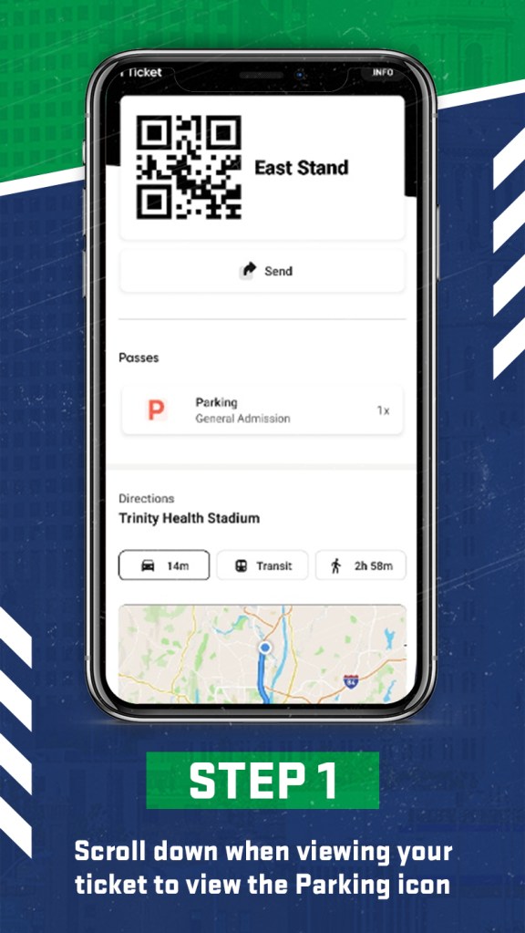 Hartford Athletic mobile parking step 1: scroll down when viewing your ticket to view the parking icon