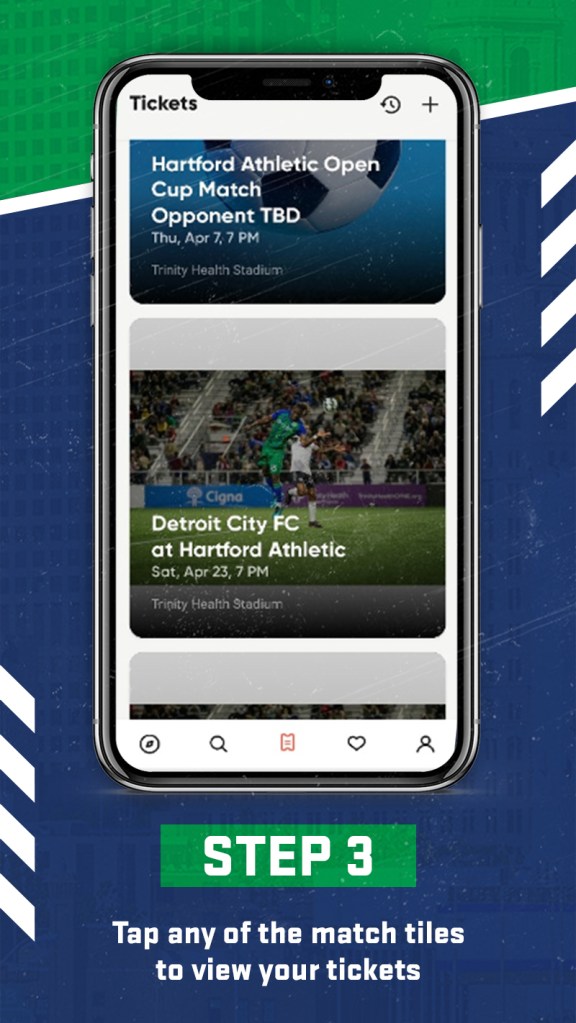 Hartford Athletic mobile ticketing with SeatGeek step 3: tap any of the match ti;es to view your tickets