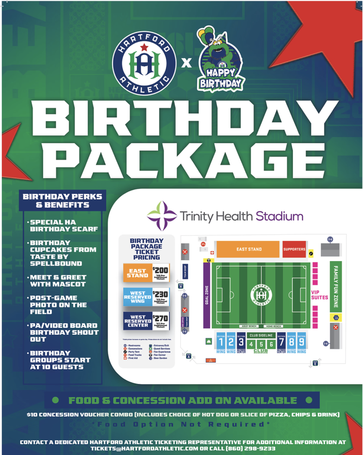 Hartford Athletic graphic for the Birthday Packages 