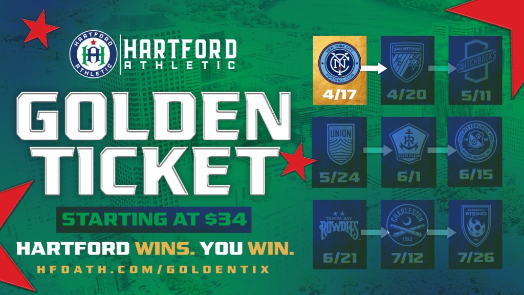 Hartford Athletic graphic for the Golden Ticket. Hartford wins, fans win. Fans who purchase the limited edition “Golden Ticket” for $34 and attend the match will automatically receive a complimentary digital ticket to the following home game if Hartford Athletic win the Open Cup match